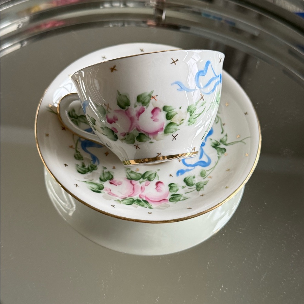 vintage Shenango china bow & flower teacup and saucer set